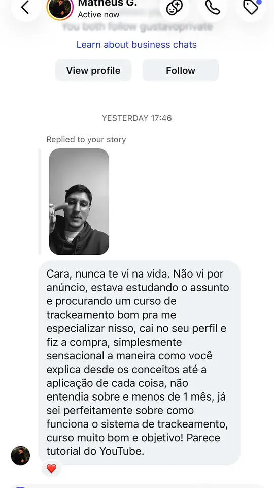 Mensagem do aluno Matheus elogiando a didática do Trackeamento Online