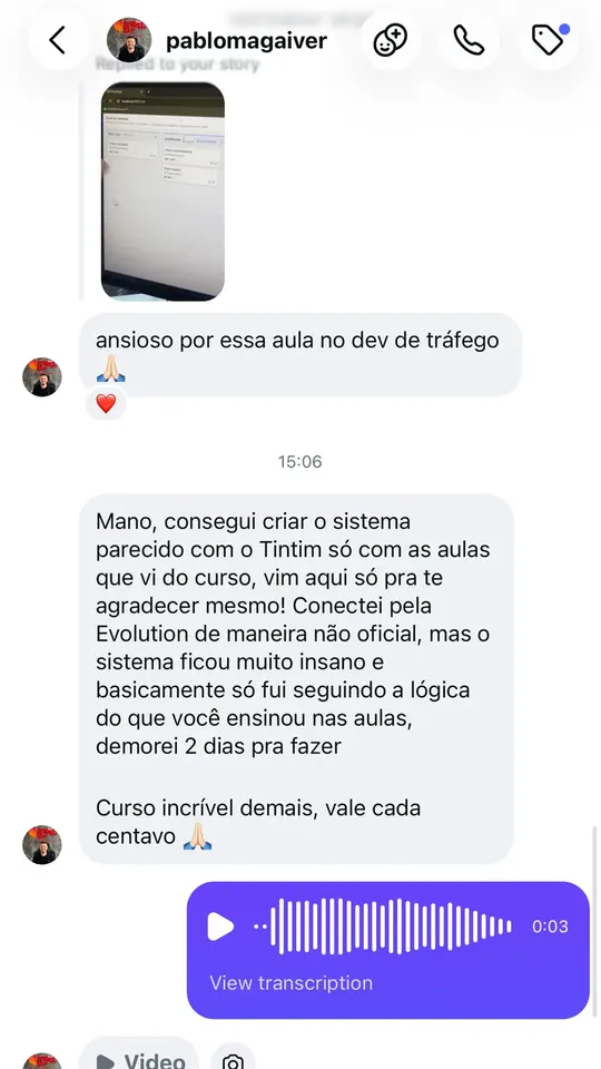 Mensagem do aluno Pablo no Instagram contando que construiu um sistema parecido com o Tintim usando a lógica das aulas