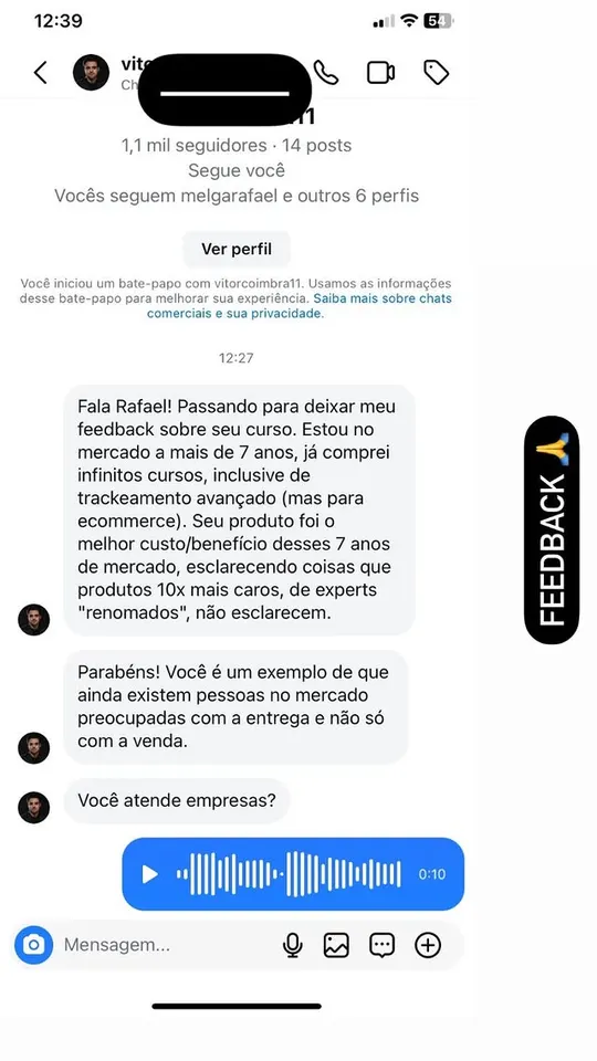 Mensagem do aluno Vitor sobre o Trackeamento Online, dizendo que foi o melhor custo-benefício em 7 anos de mercado